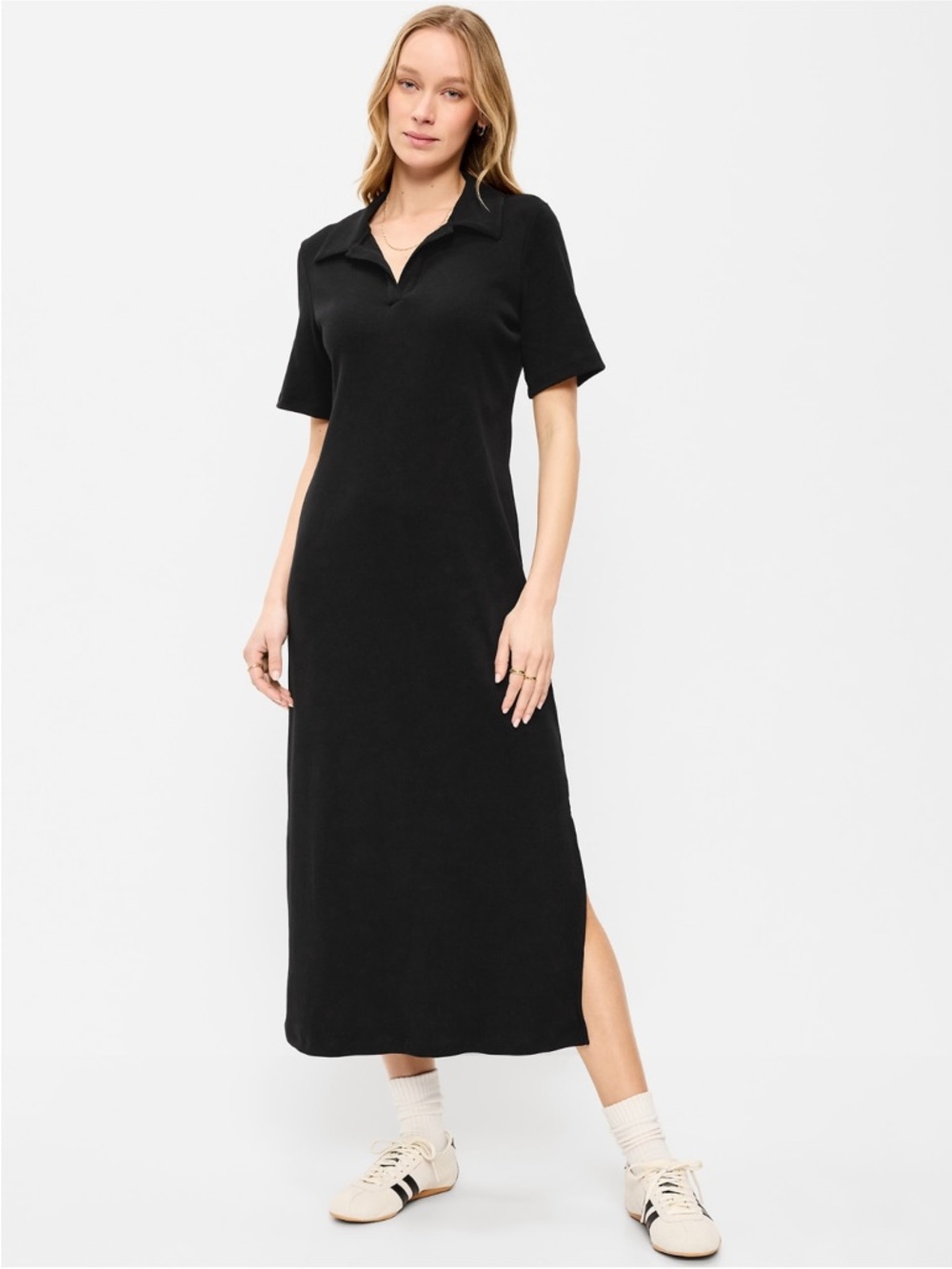 Short Sleeve Ribbed Polo Midi Dress